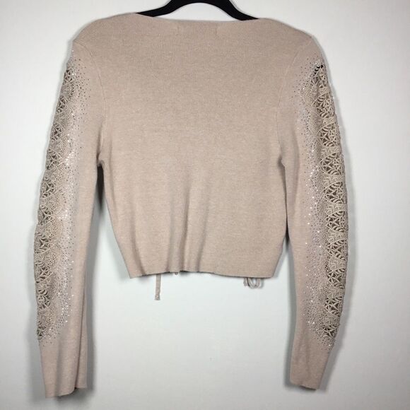 Blush pink taupe knit sweater with rhinestones and embroidery sleeve v neck XL - Picture 4 of 10